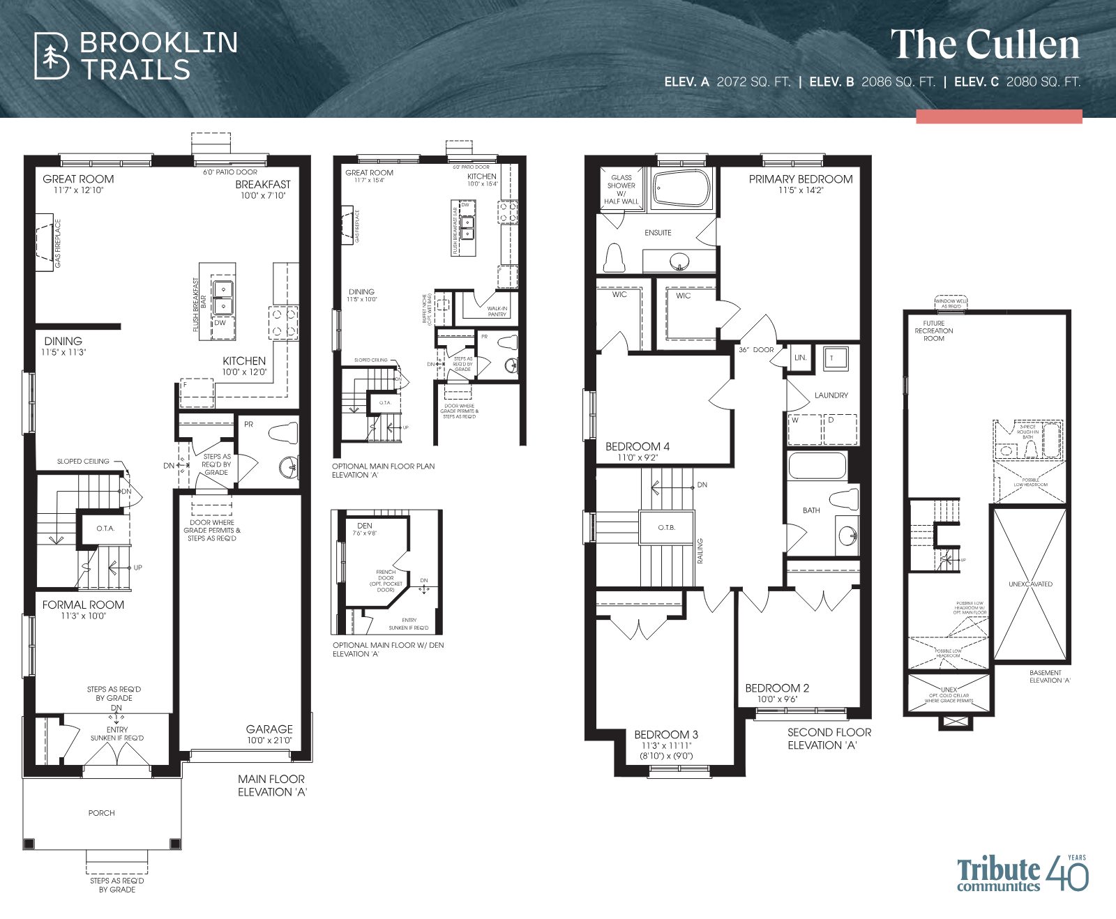 The Cullen floor plan — main floor, optional layouts, second floor and basement, Elevation A