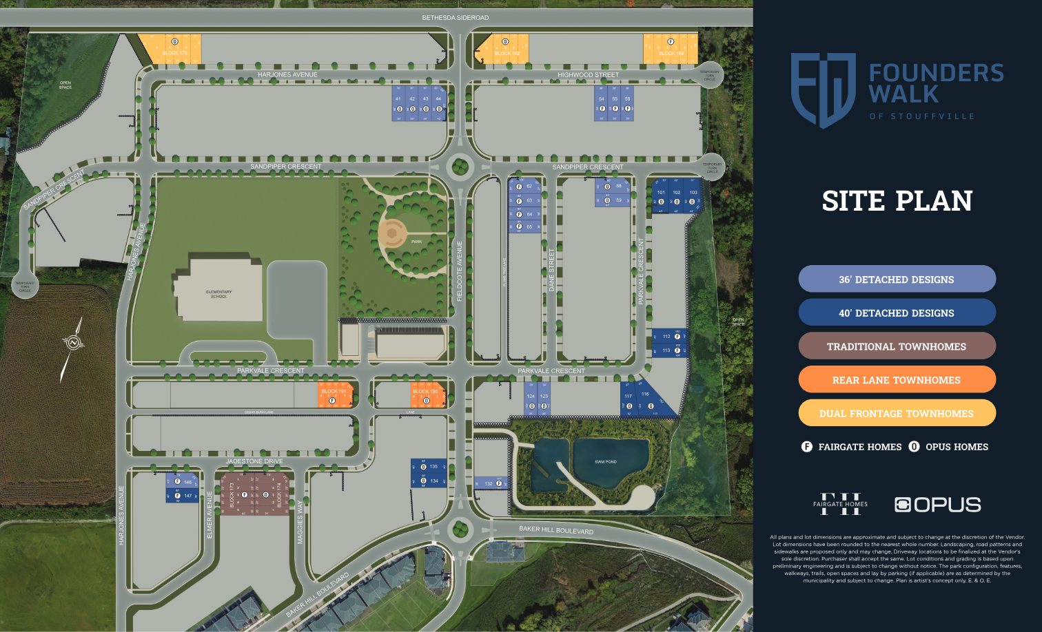 Founders Walk of Stouffville first-release site plan showing colour-coded townhome and detached lots, the elementary school, central park, SWM pond and open space between Bethesda Sideroad and Baker Hill Boulevard