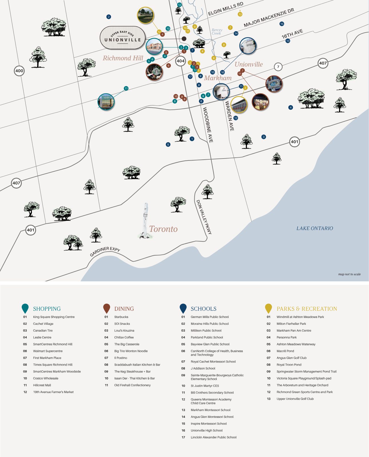 Amenity map showing shopping, dining, schools and parks near Upper East Side Unionville in Markham and Richmond Hill