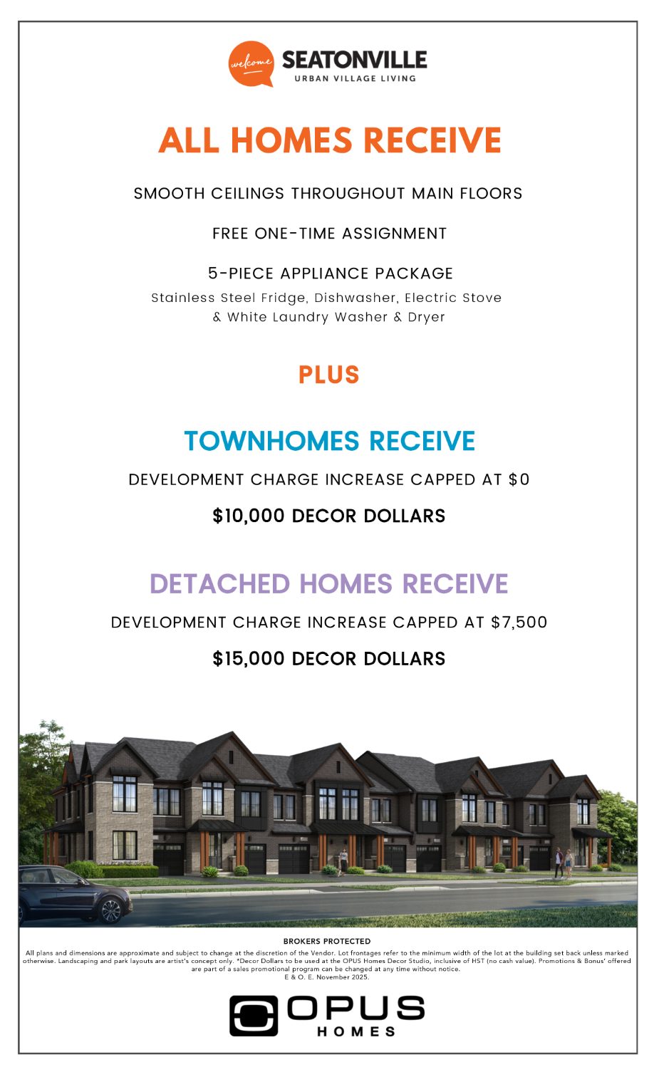Seatonville incentive sheet listing what all homes, townhomes and detached homes receive, with a rendering of the townhome streetscape