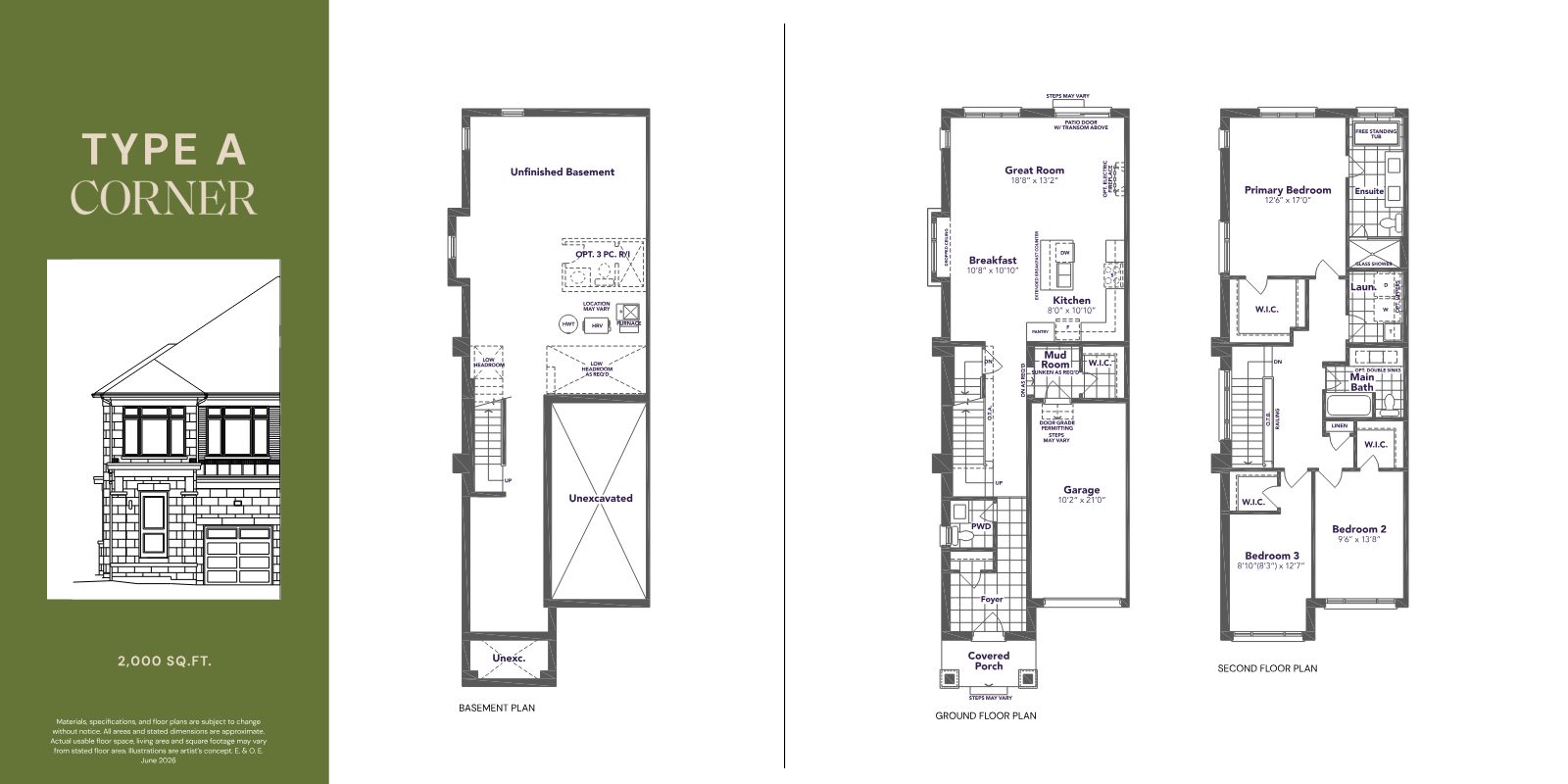 Type A Corner townhome floor plan, 2,000 sq.ft.