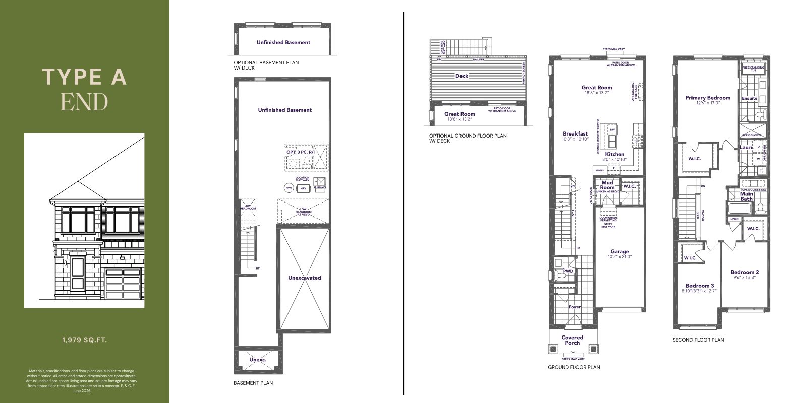 Type A End townhome floor plan, 1,979 sq.ft.