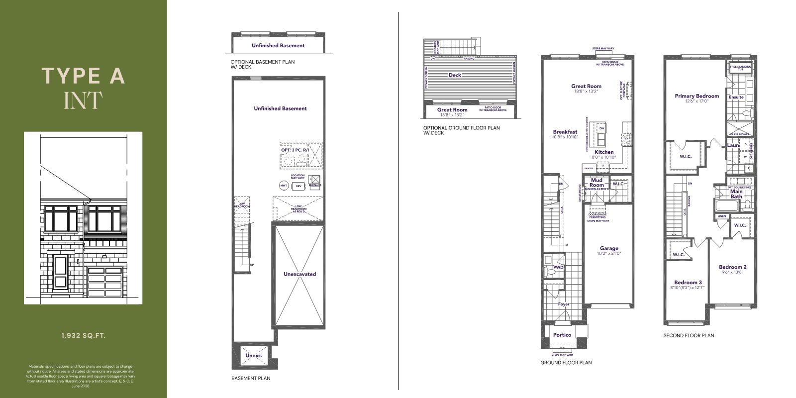Type A Interior townhome floor plan, 1,932 sq.ft.