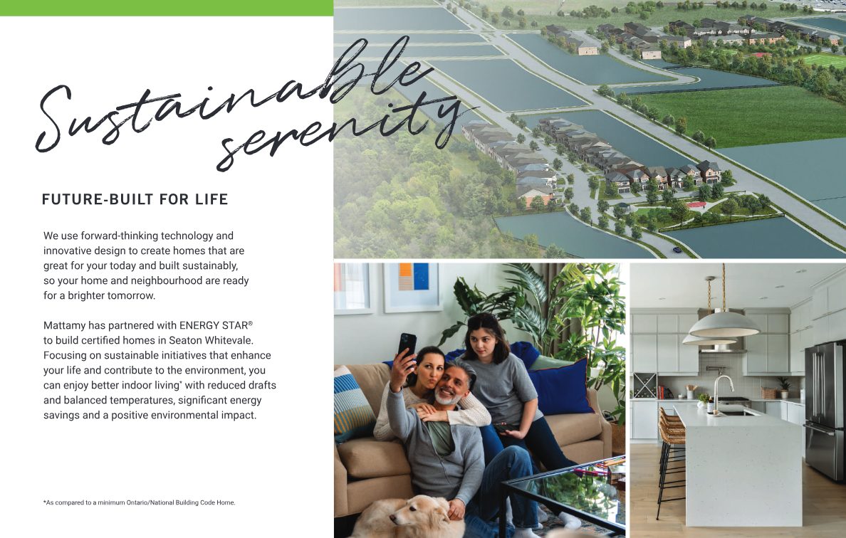 Sustainable community rendering and interior at Seaton Whitevale
