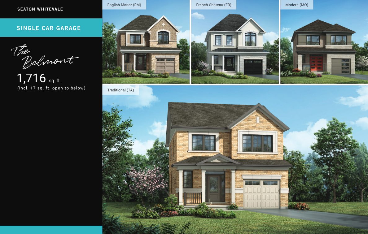 The Belmont elevations — English Manor, French Chateau, Modern and Traditional styles