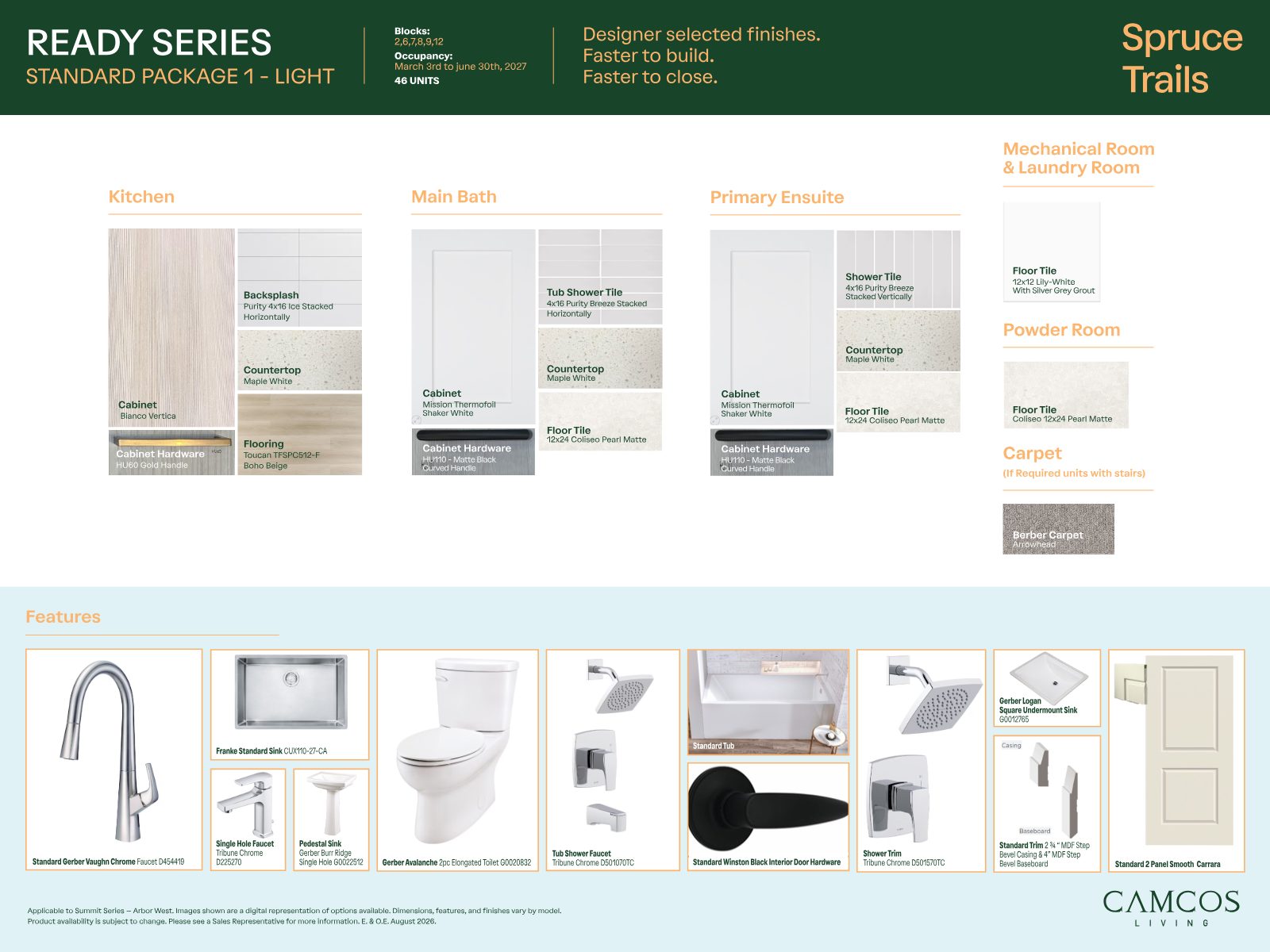 Spruce Trails Ready Series Standard Package 1 Light finish board: white shaker cabinetry, Maple White countertops, Boho Beige plank flooring