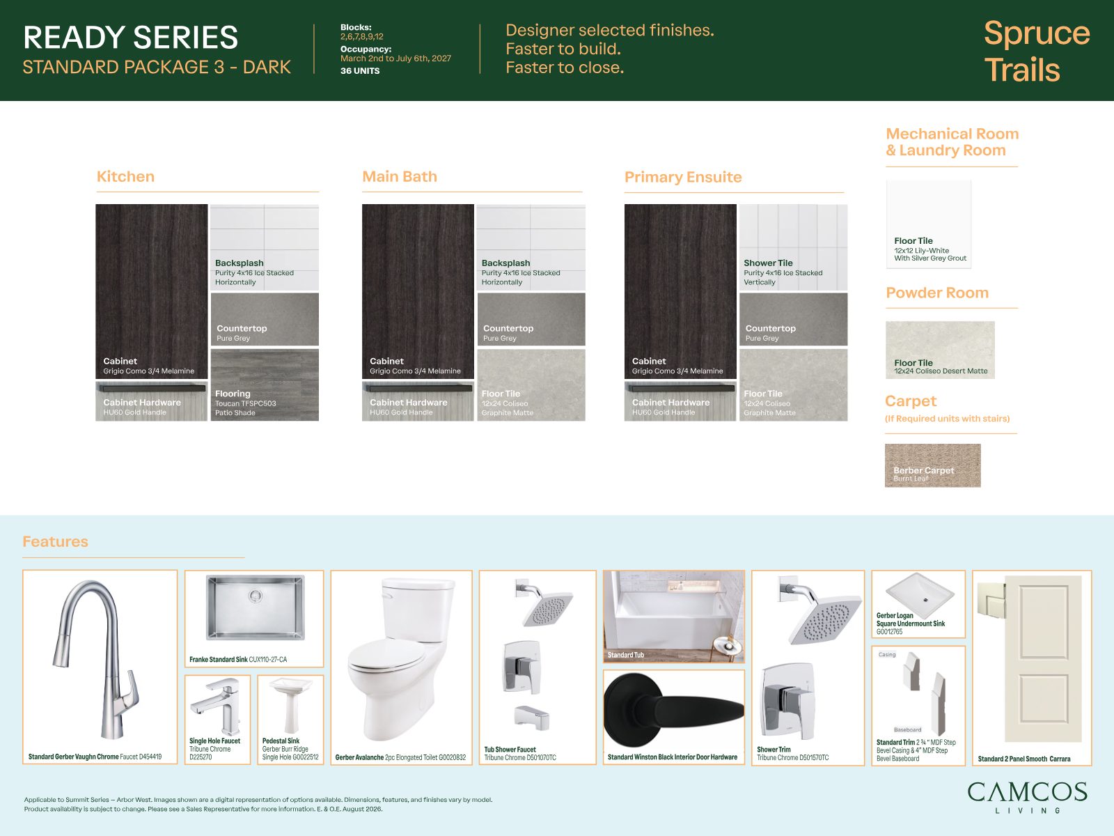 Spruce Trails Ready Series Standard Package 3 Dark finish board: Grigio Como cabinetry, Pure Grey countertops, gold hardware
