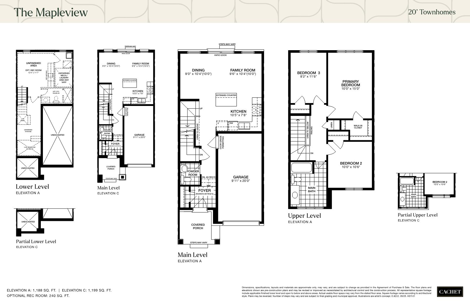 The Mapleview floor plans showing lower, main and upper levels with 3 bedrooms