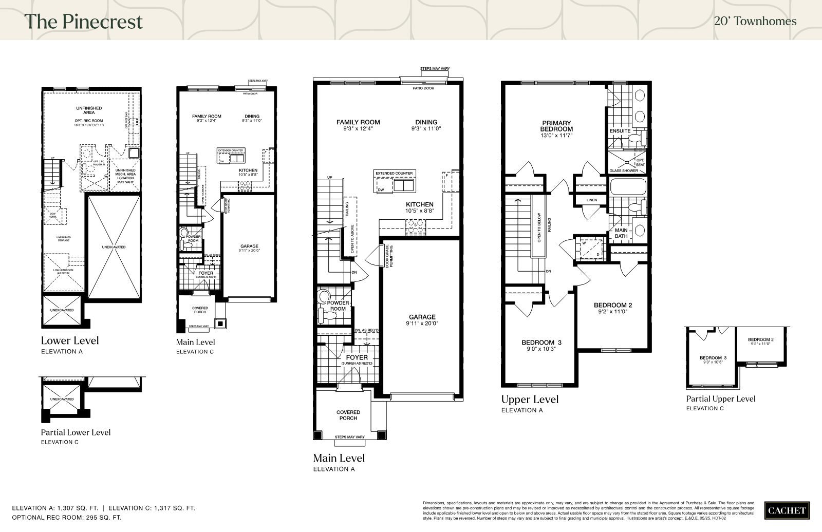 The Pinecrest townhome floor plans: lower, main and upper levels