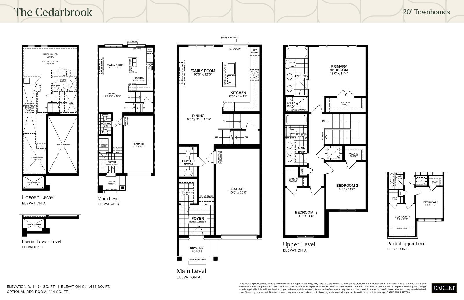 The Cedarbrook floor plans showing lower, main and upper levels with walk-in closets and ensuite