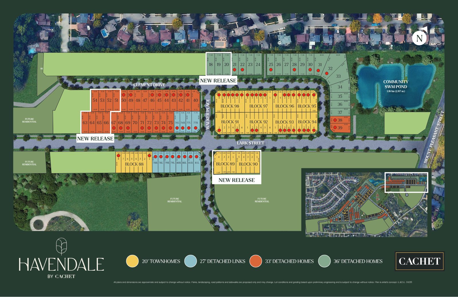 Havendale by Cachet master site plan showing home collections and community pond