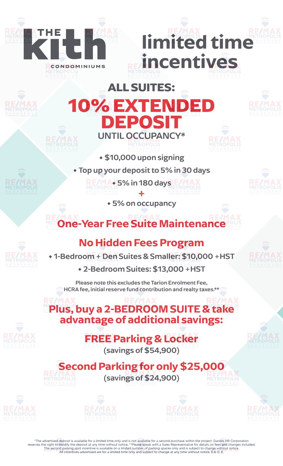 The Kith Condominiums limited-time incentives sheet: 10% extended deposit, one-year free suite maintenance, No Hidden Fees Program and 2-bedroom parking savings