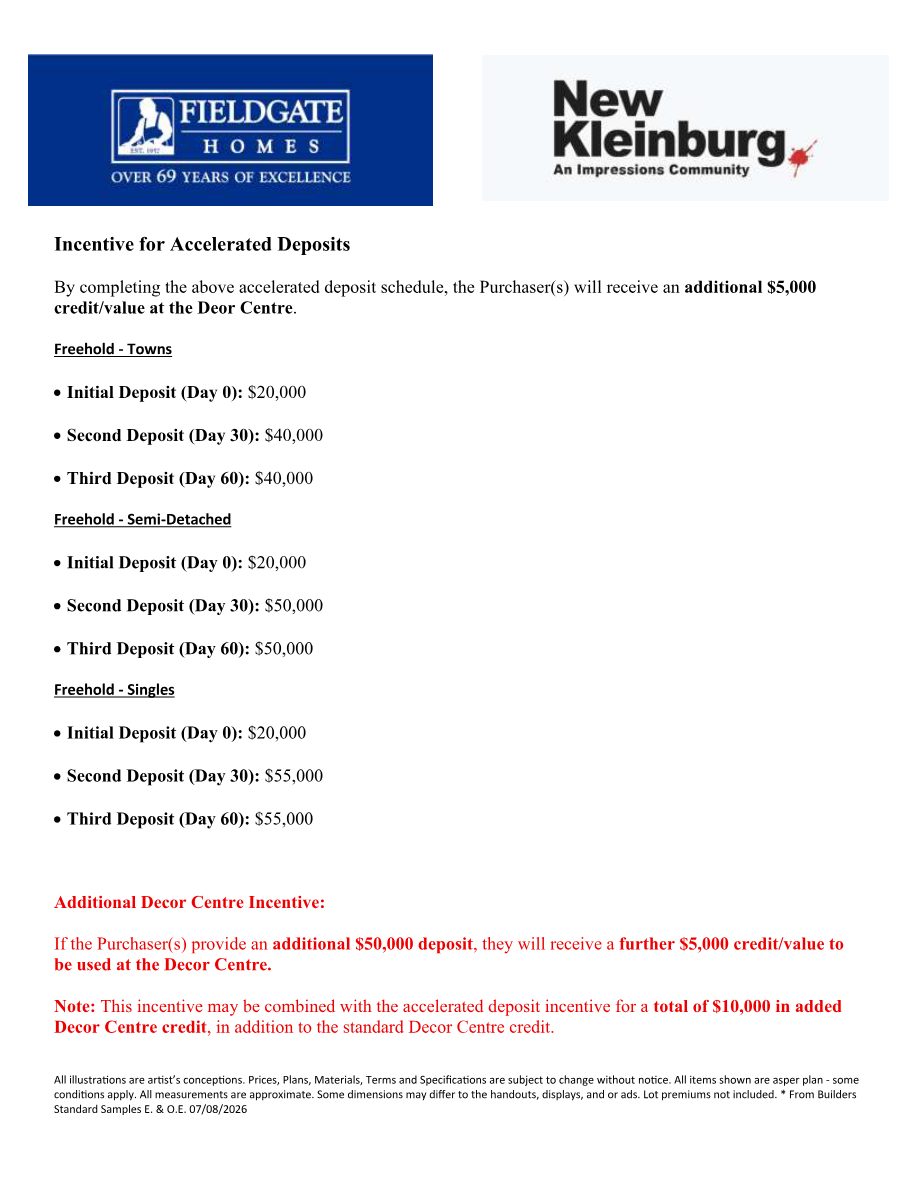 New Kleinburg incentive for accelerated deposits details sheet