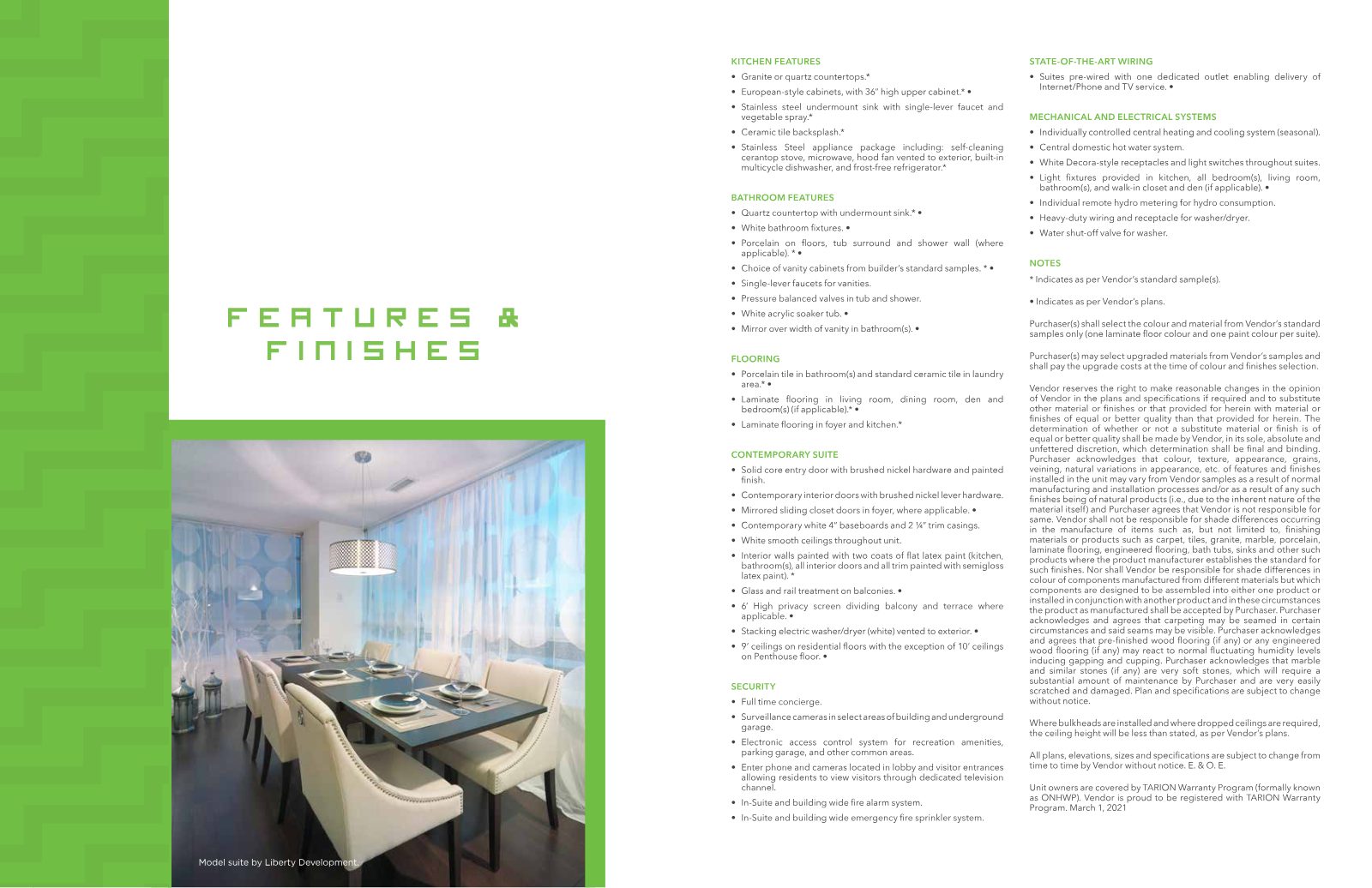 Model suite dining area by Liberty Development with pendant light, upholstered chairs and floor-to-ceiling windows