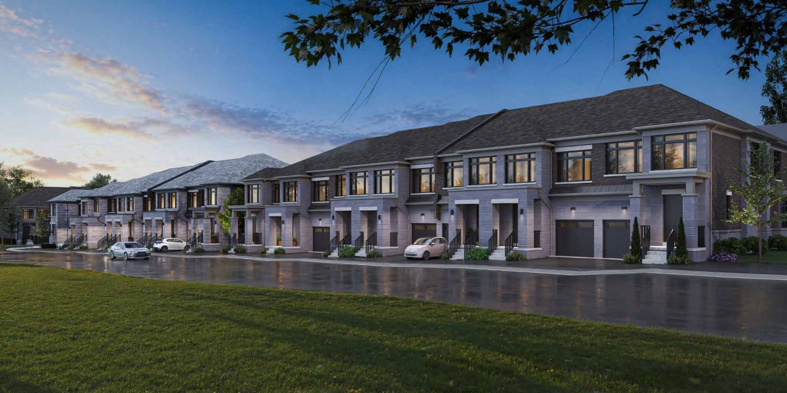 Streetscape rendering of Kingshaven townhomes at dusk