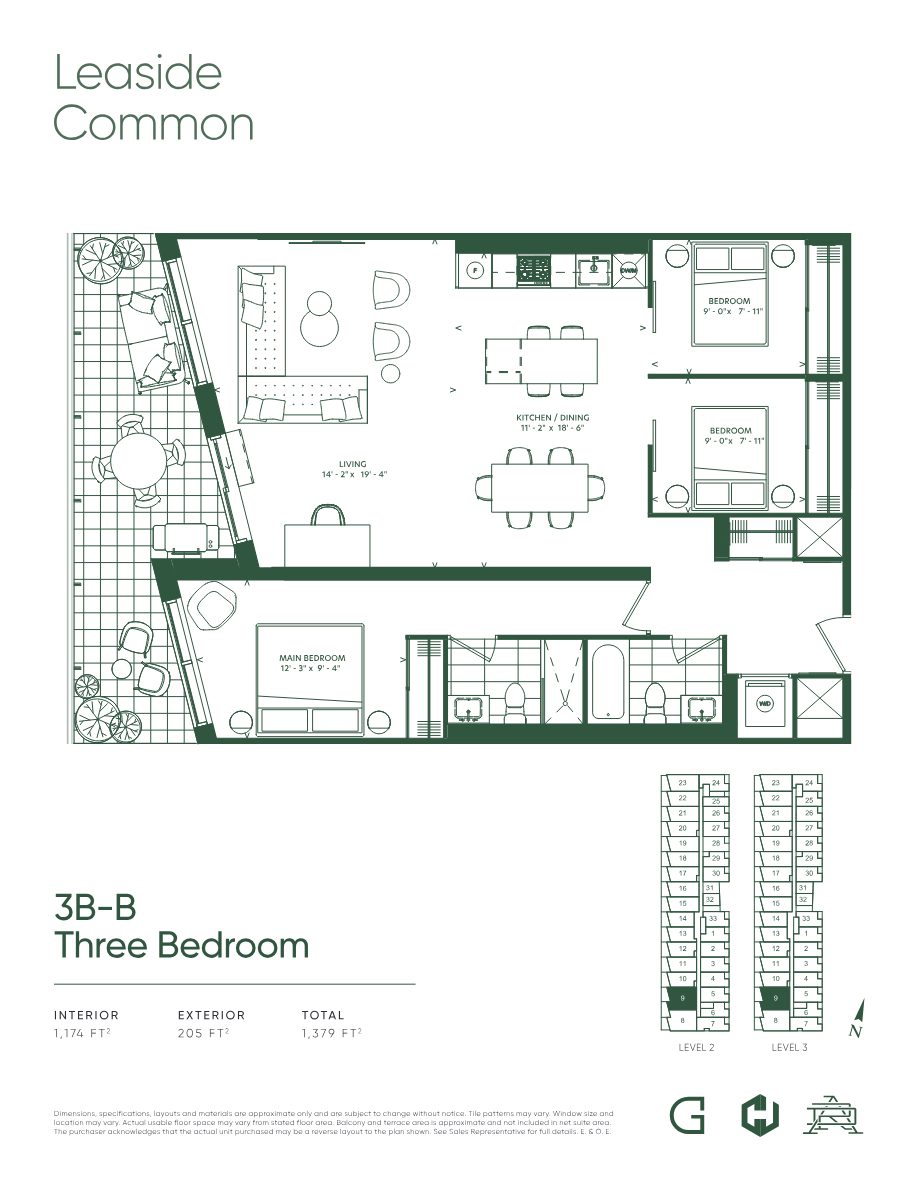 Floor plan 3B-B, Three Bedroom, 1,174 sq ft interior with 205 sq ft terrace