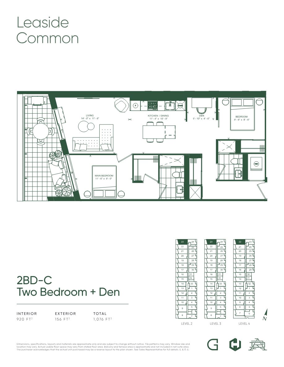 Floor plan 2BD-C, Two Bedroom plus Den, 920 sq ft interior with 156 sq ft terrace