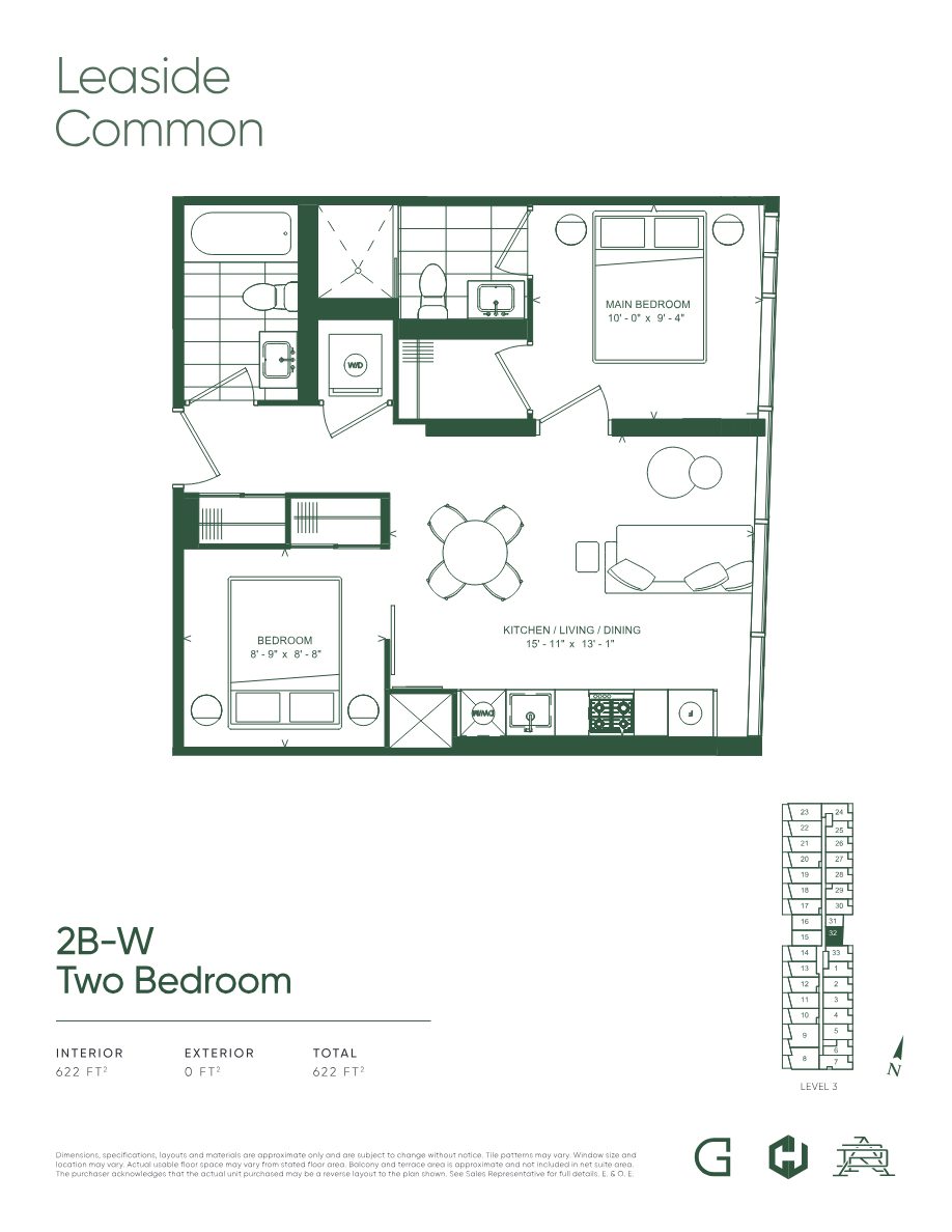 Floor plan 2B-W, Two Bedroom, 622 sq ft