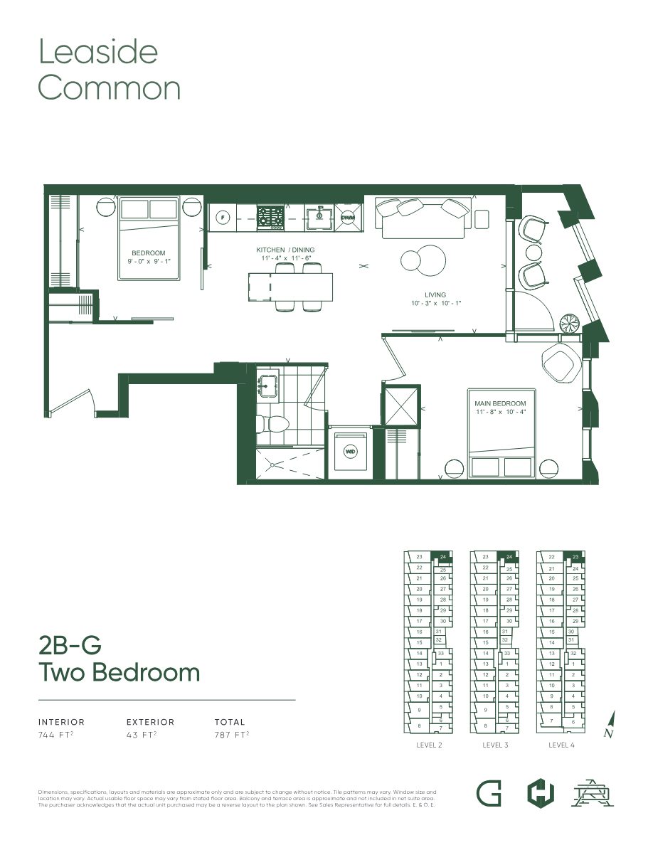 Floor plan 2B-G, Two Bedroom, 744 sq ft interior with 43 sq ft balcony
