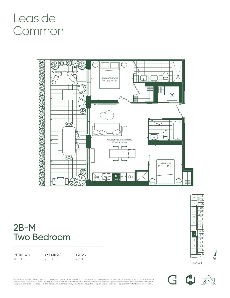 Floor plan 2B-M, Two Bedroom, 708 sq ft interior with 253 sq ft terrace