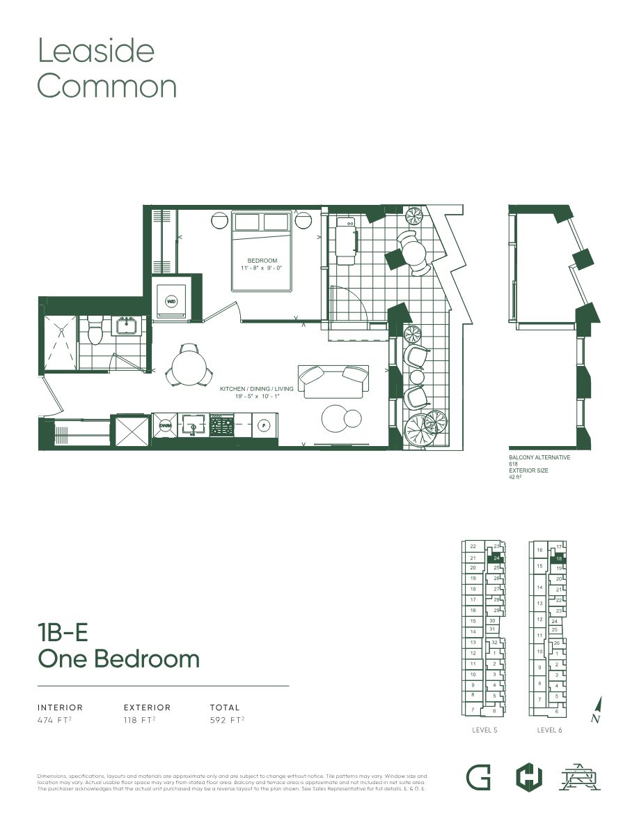 Floor plan 1B-E, One Bedroom, 474 sq ft interior with 118 sq ft terrace
