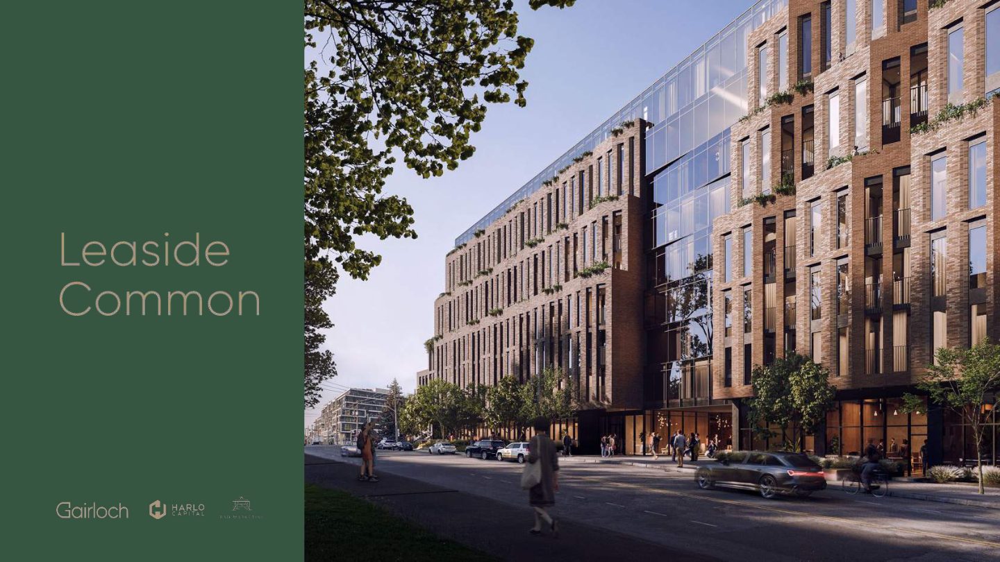 Street-level rendering of Leaside Common showing its textured brick facade, glass centre section and tree-lined sidewalk with ground-floor glazing