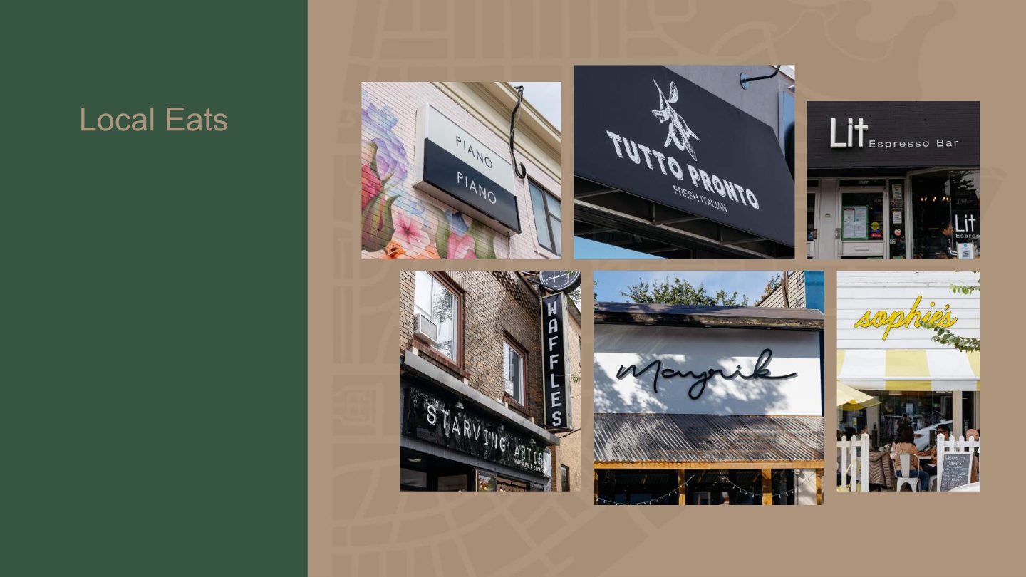 Local eats near Leaside Common including Piano Piano, Tutto Pronto, Lit Espresso Bar, Starving Artist, Mayrik and Sophie's