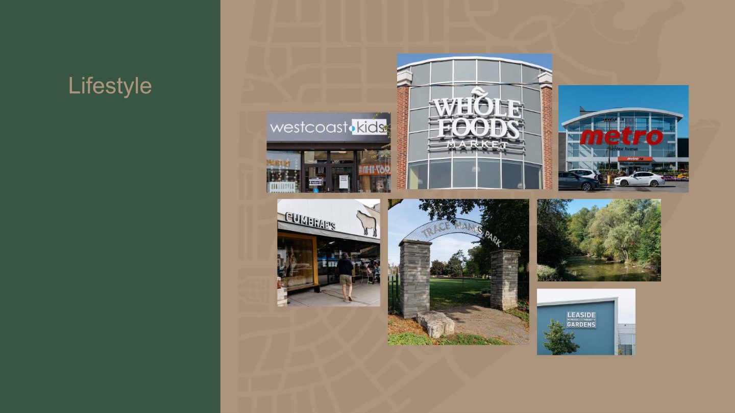 Lifestyle near Leaside Common including Whole Foods, Metro, Westcoast Kids, Cumbrae's, Trace Manes Park and Leaside Memorial Community Gardens