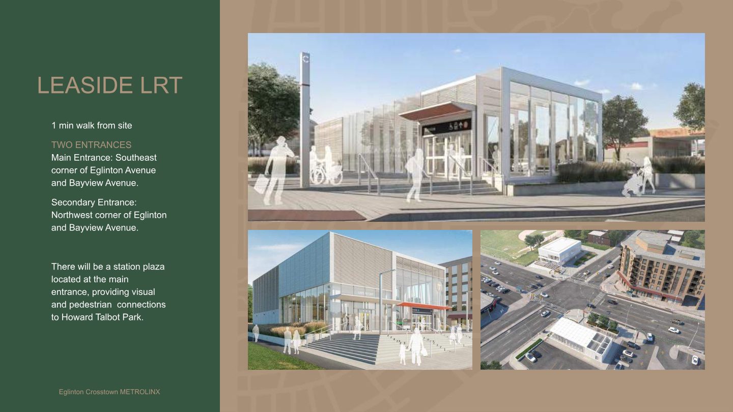 Renderings of the Leaside LRT station on the Eglinton Crosstown line, with entrances at Eglinton and Bayview