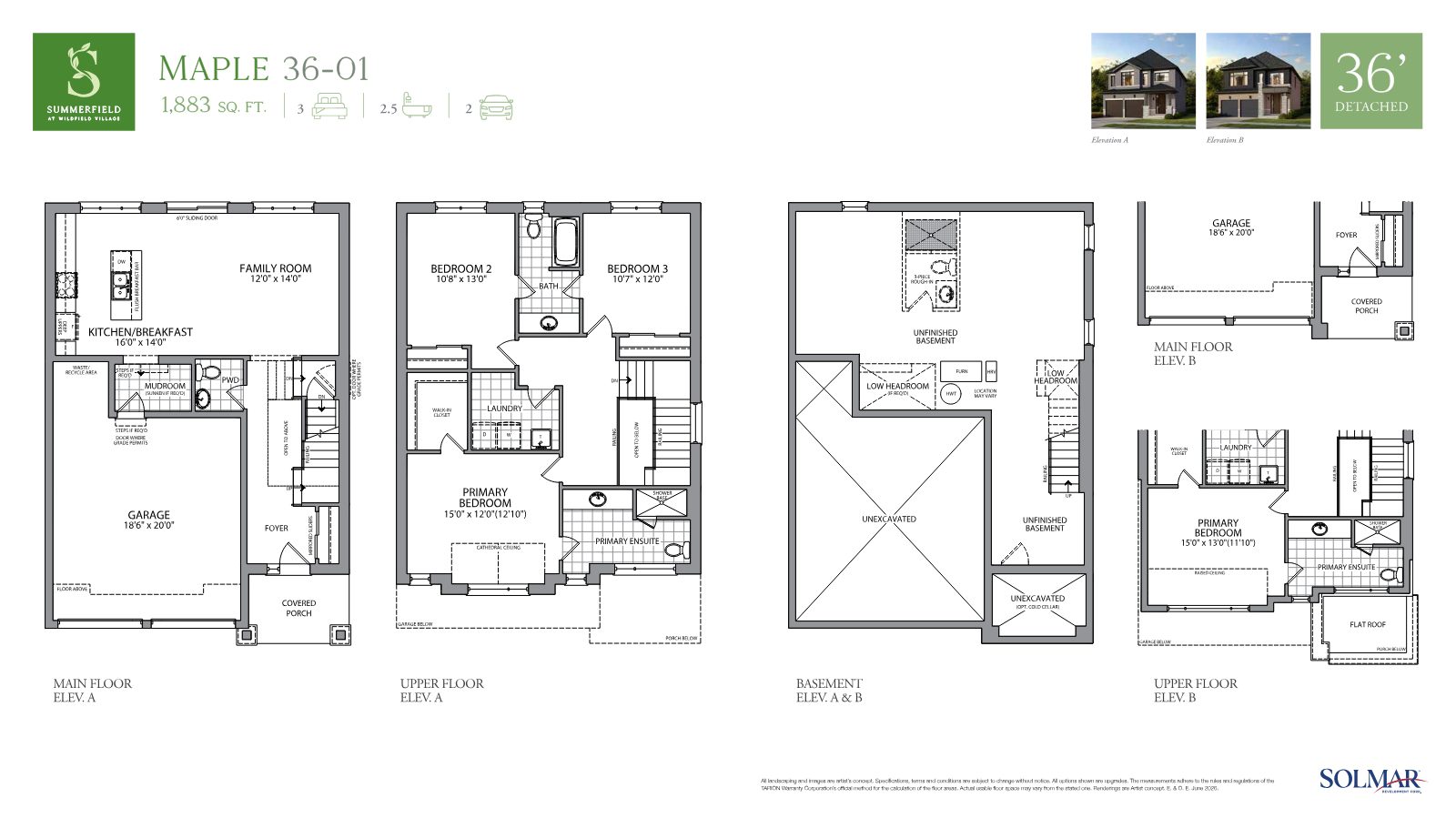 Maple 36-01 detached floor plan, 1,883 sq.ft.