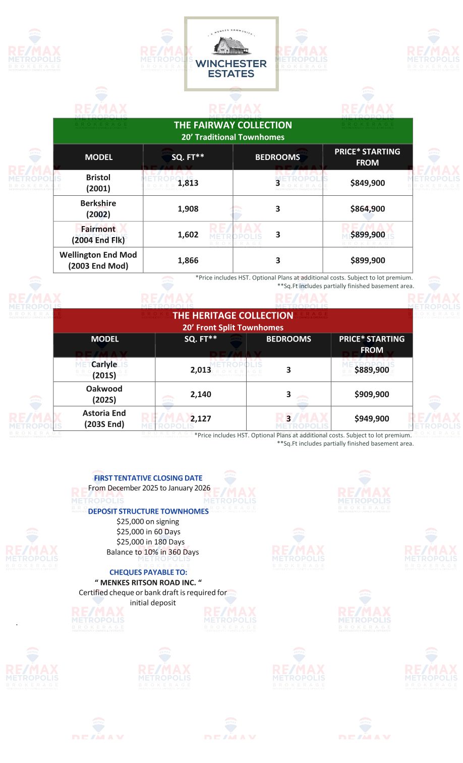 Fairway and Heritage townhome collection pricing