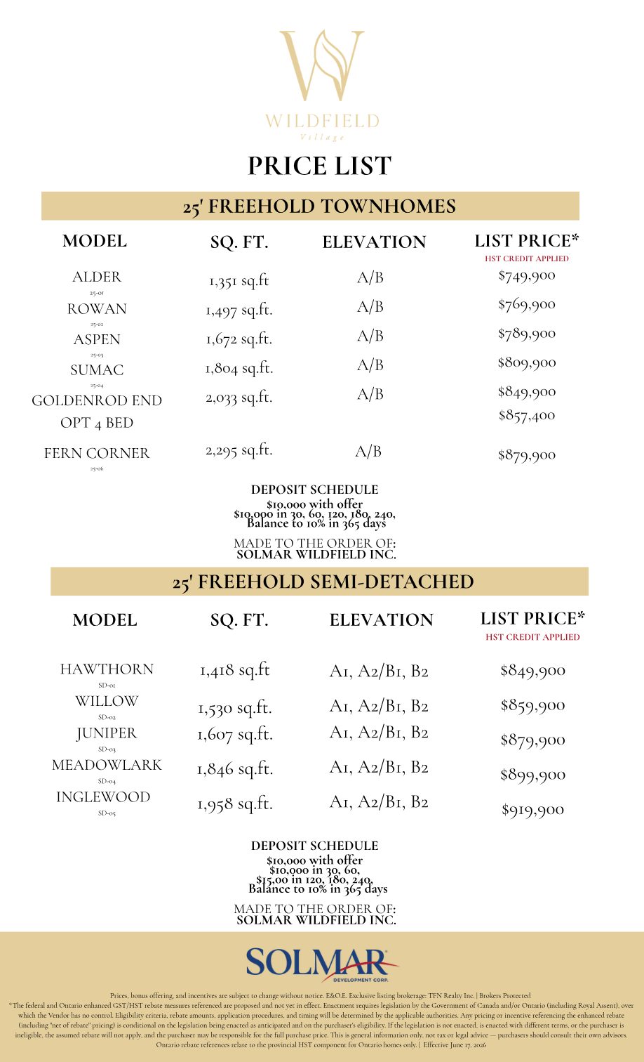 Summerfield at Wildfield Village price list, page 1