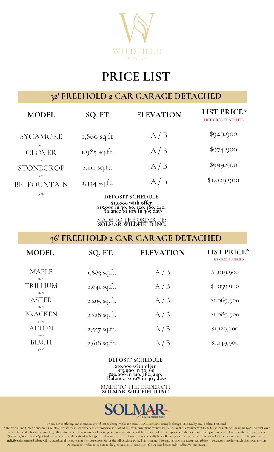 Summerfield at Wildfield Village price list, page 2