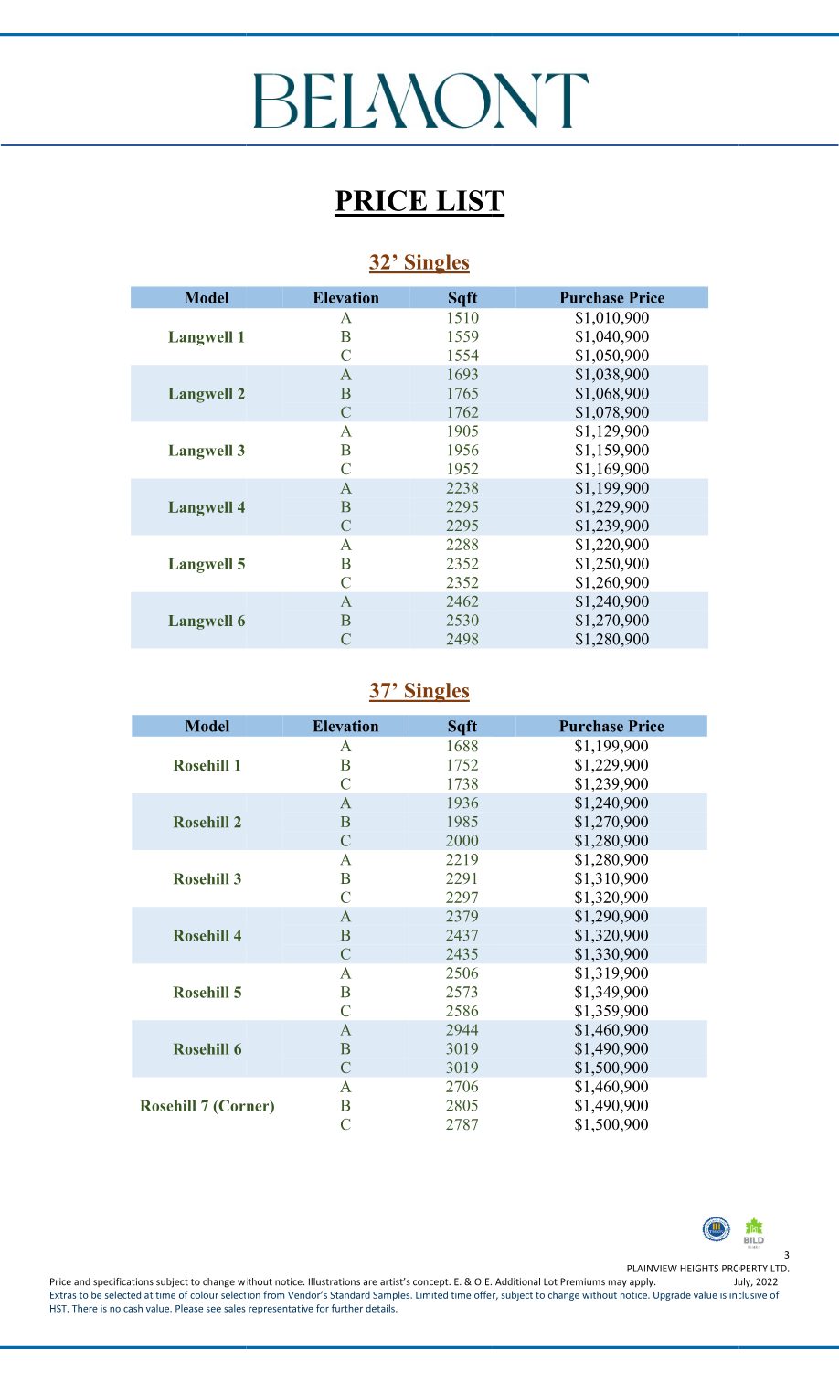 Belmont Oakshire series pricing and specifications