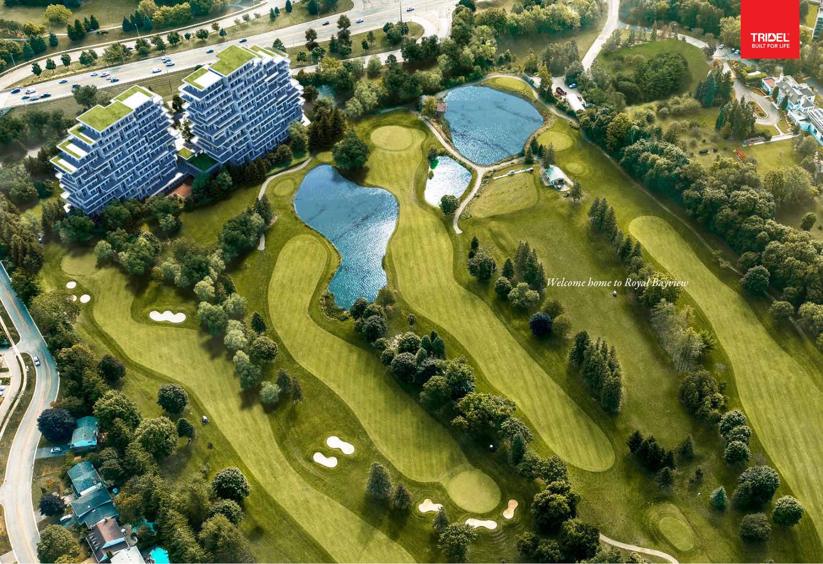 Aerial view of Royal Bayview's green-roofed towers beside the fairways and ponds of the Ladies' Golf Club of Toronto