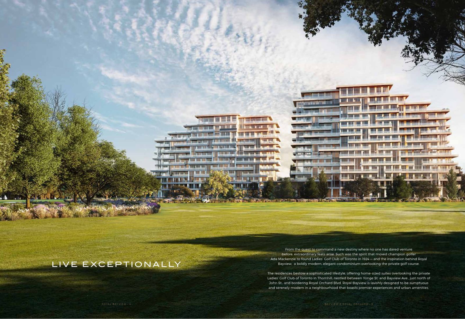Royal Bayview's two terraced buildings seen across a sunlit fairway lined with flowering gardens