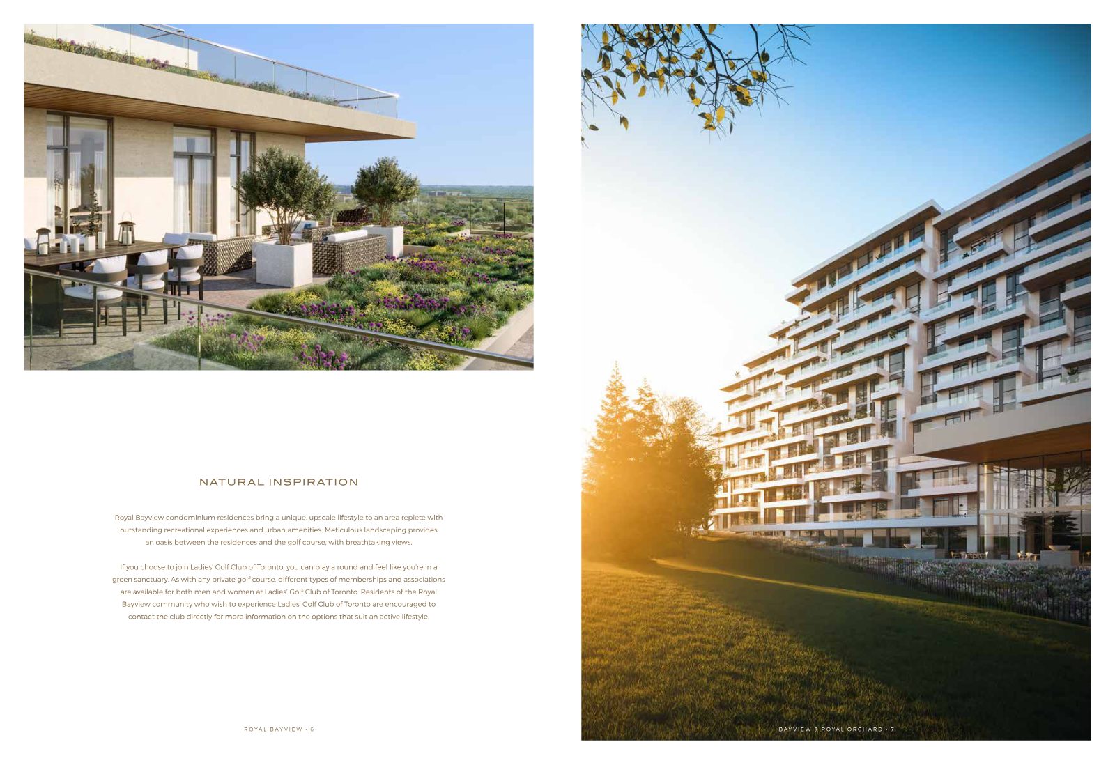 Landscaped private terrace with dining set, and Royal Bayview's terraced facade at golden hour