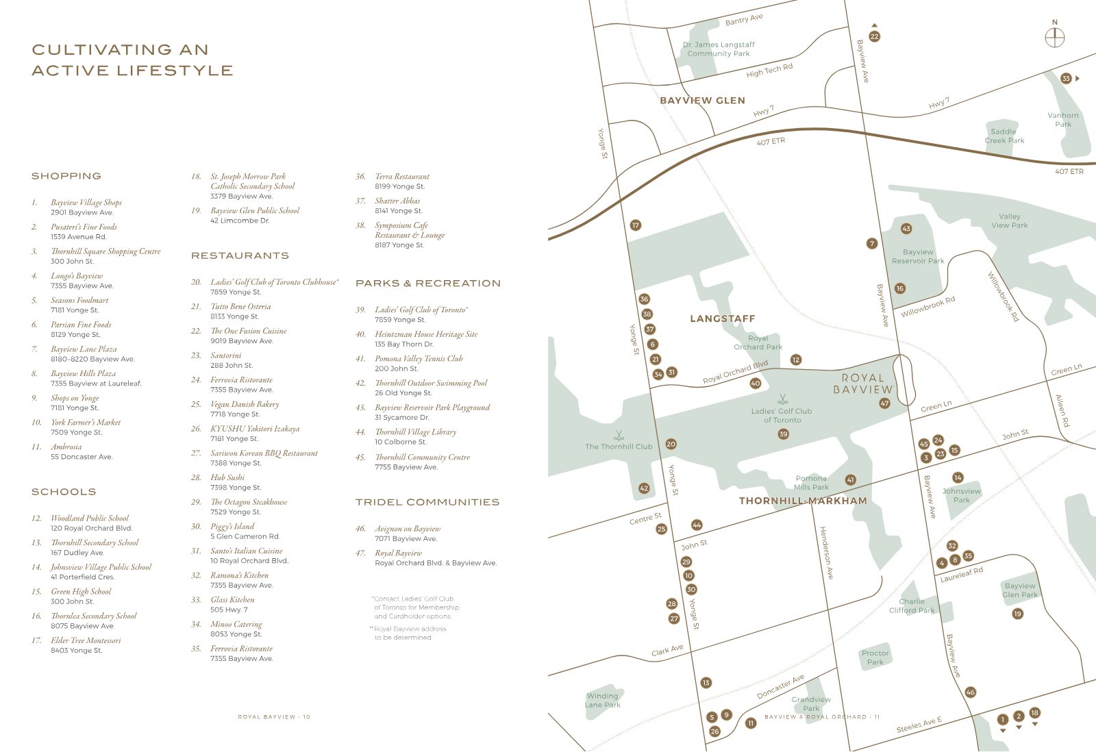 Royal Bayview lookbook page: neighbourhood map of Thornhill and Langstaff showing the community beside the Ladies' Golf Club of Toronto