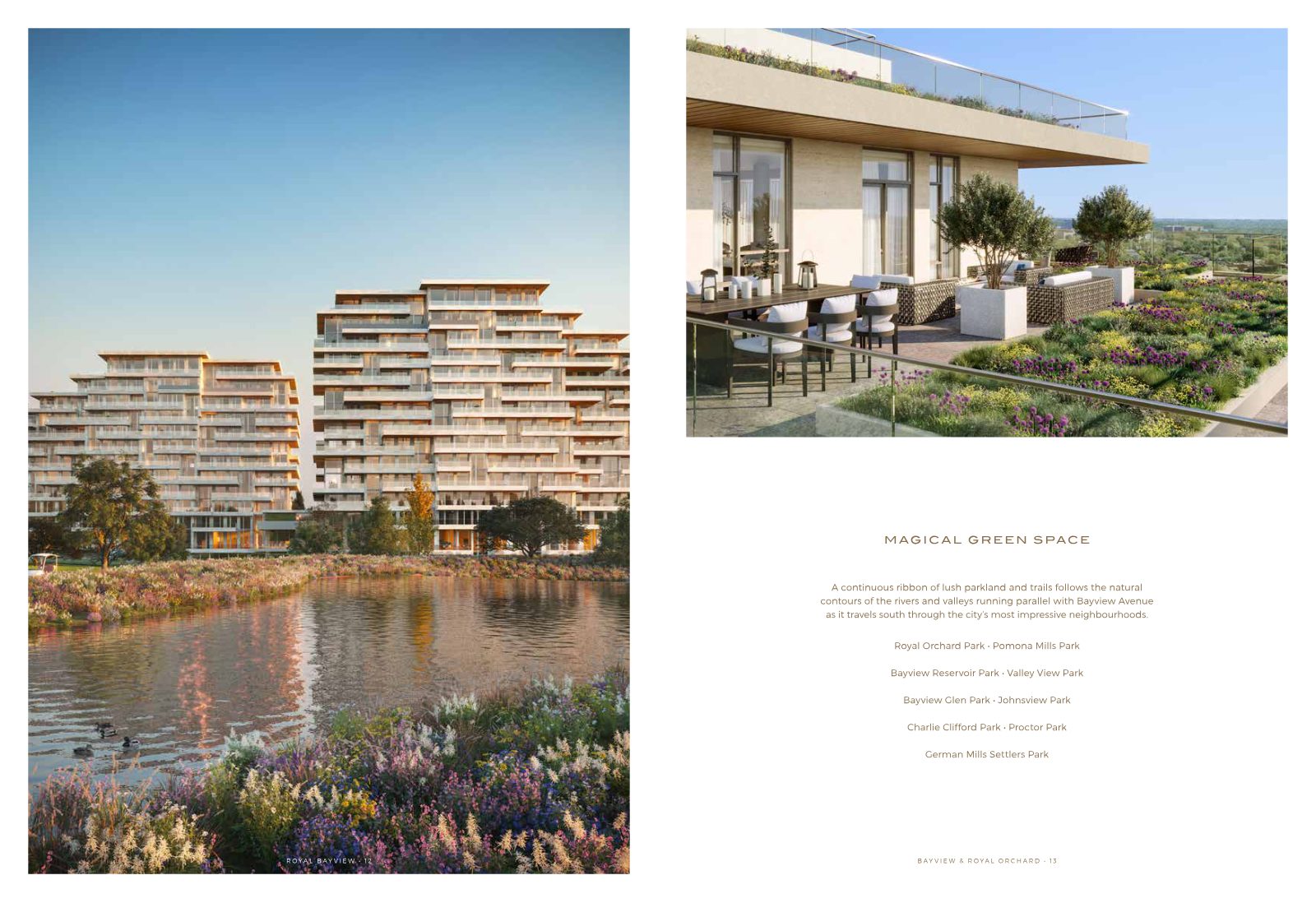 Royal Bayview towers above a wildflower-lined pond, beside a planted rooftop terrace