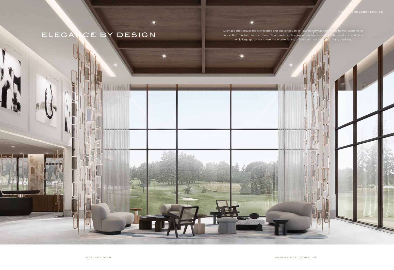 Double-height main floor lobby lounge with coffered wood ceiling and windows overlooking the golf course