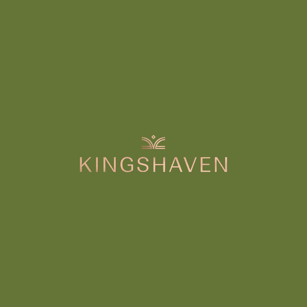 Kingshaven logo in rose-gold lettering on a deep green background