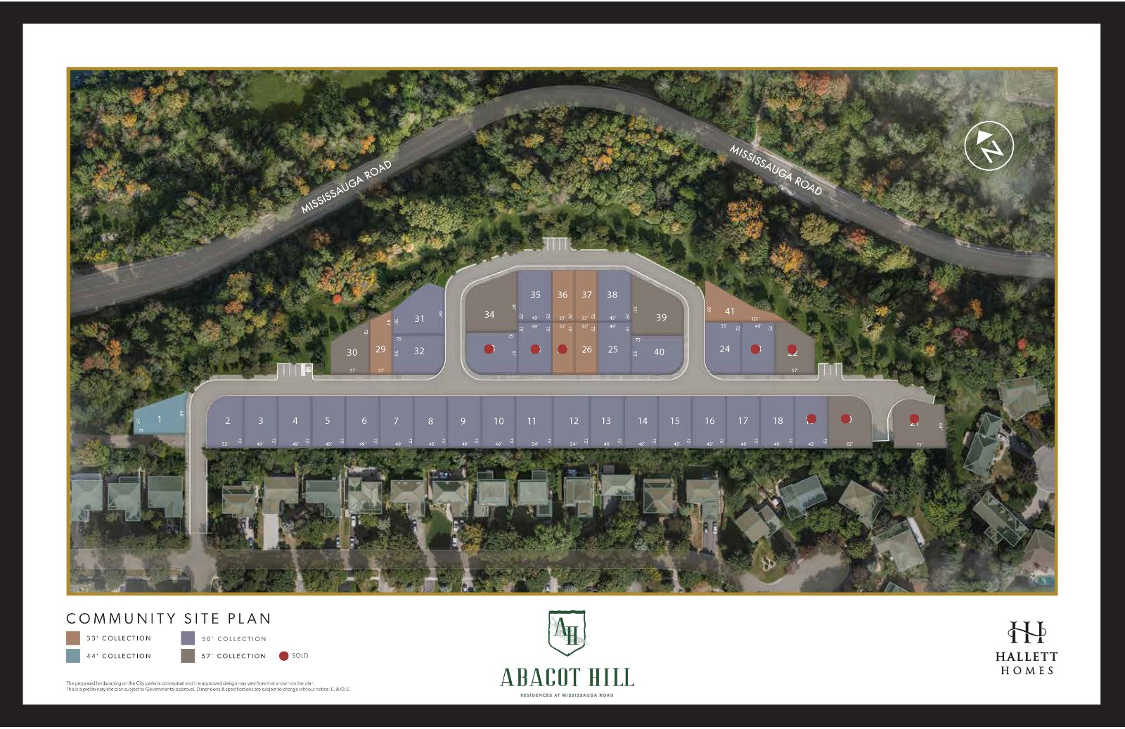 Abacot Hill community site plan showing 33', 44', 50' and 57' collection lots along Mississauga Road with sold lots marked