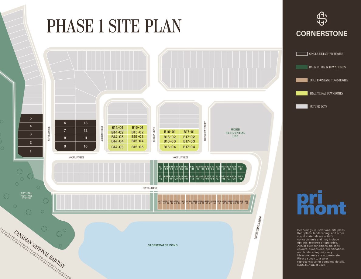 Cornerstone Phase 1 site plan showing single detached homes, back-to-back, dual frontage and traditional townhomes beside a stormwater pond, natural heritage system and Mississauga Road