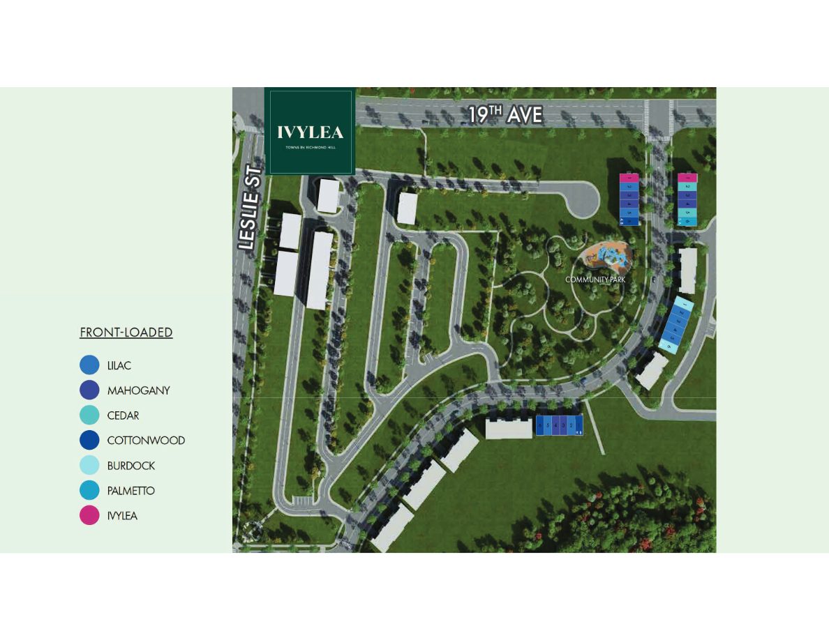 Ivylea site plan showing 19th Avenue, Leslie Street, the central community park and front-loaded townhome models