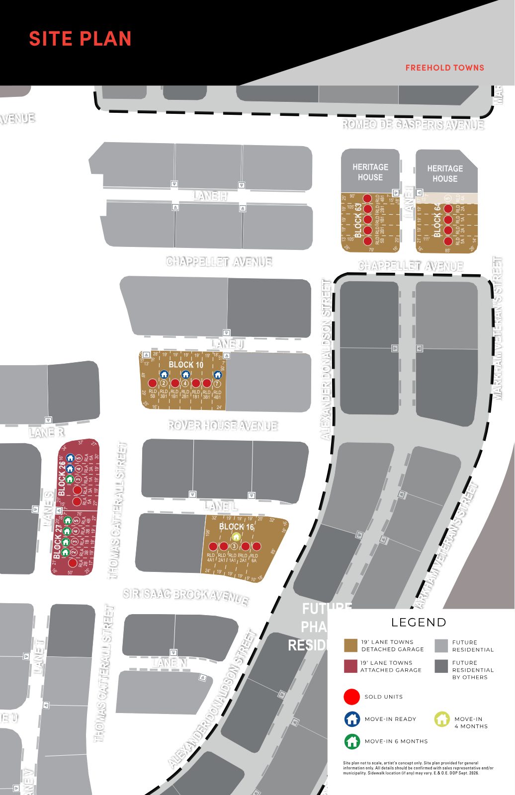 South Cornell freehold towns site plan showing Blocks 10, 16, 26, 27, 63 and 64 with sold units and move-in ready, 4-month and 6-month inventory near Alexander Donaldson Street and Markham Veteran's Street