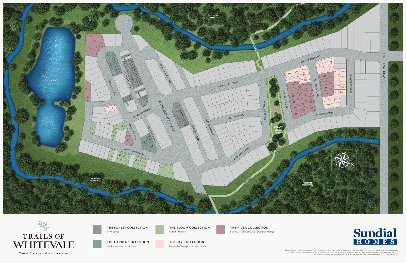 Trails of Whitevale site plan showing the five collections, pond, protected greenspace, hiking trails and Village Green Park