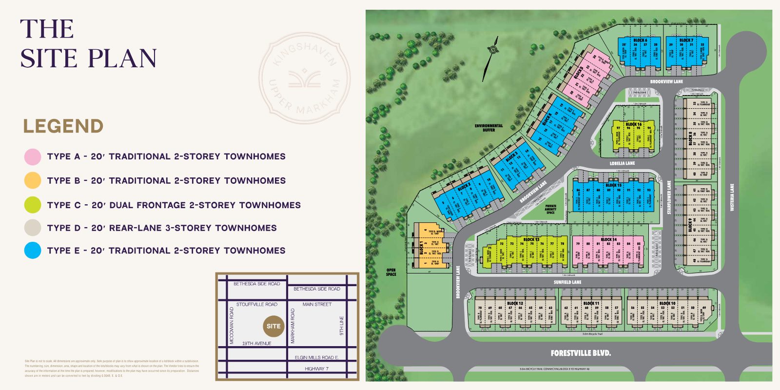 Kingshaven site plan showing townhome blocks, lanes and green space