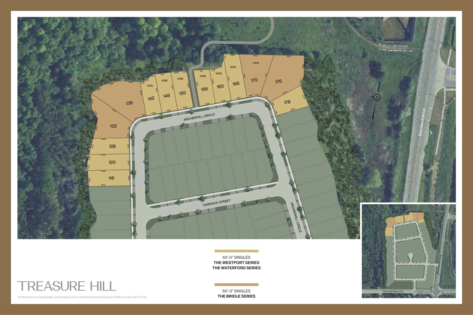 Bayview Trail site plan showing 50-foot Westport and Waterford lots and 60-foot Bridle lots along Archerhill Circle and Cadence Street, near Bayview Avenue and Vandorf Sideroad