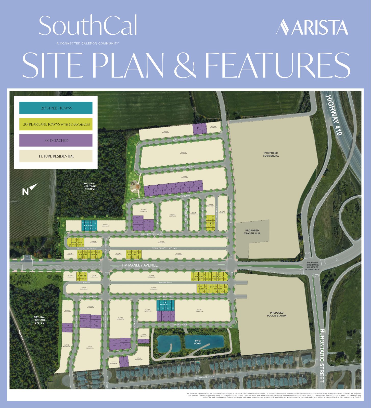 SouthCal site plan showing 20' street towns, 20' rear lane towns, 38' detached lots, proposed park, proposed transit hub, proposed commercial lands, stormwater pond and natural heritage system