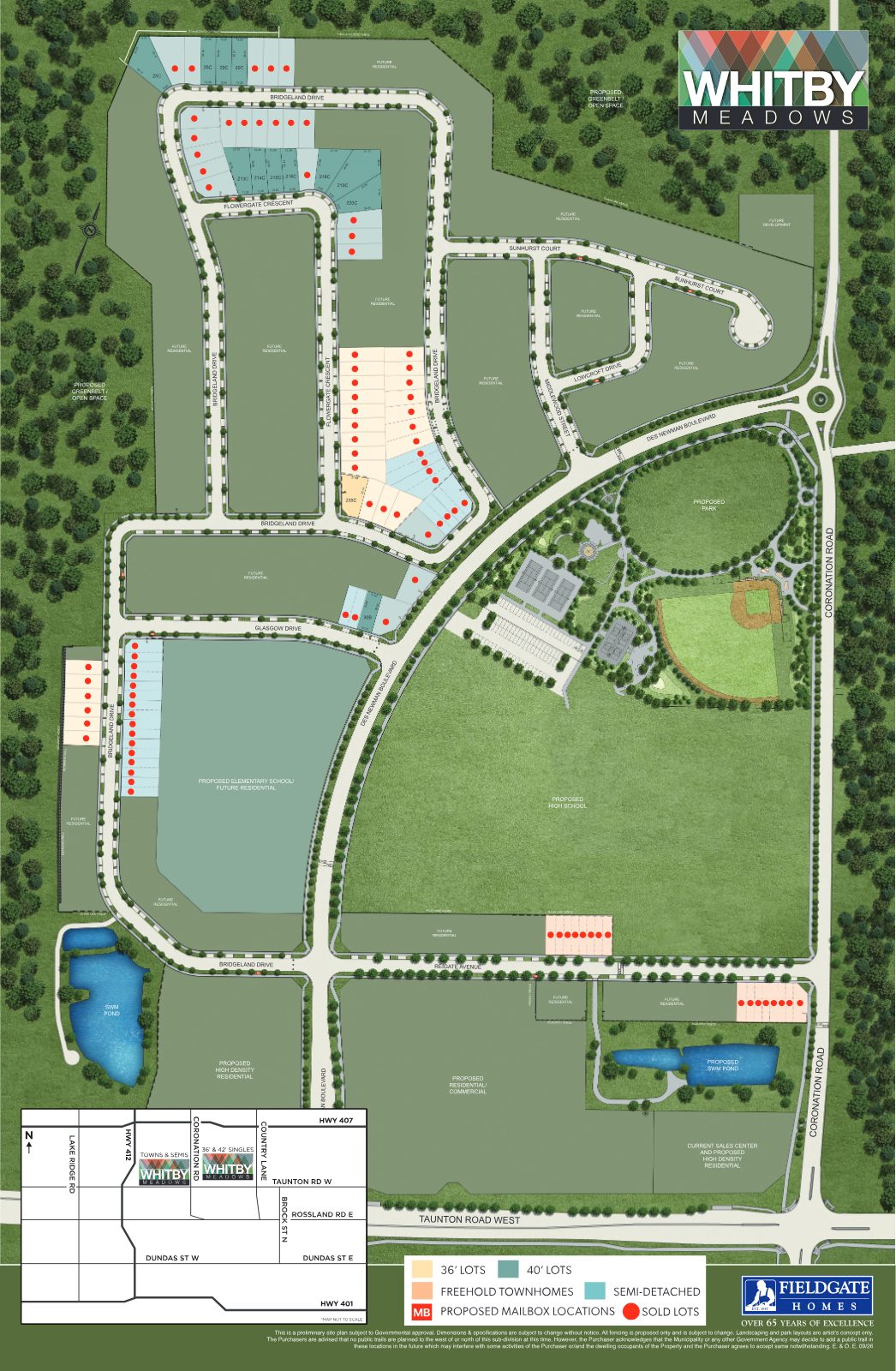 Whitby Meadows master-planned community site plan showing parks, schools, greenbelt and swim ponds